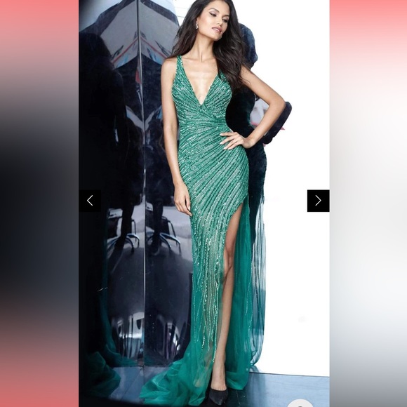 Jovani - 63405 Asymmetrical Beaded Illusion High Slit Gown Emerald - Picture 5 of 6